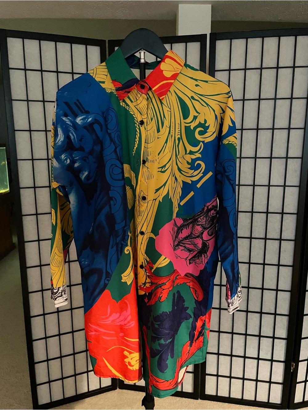 Vibrant Baroque Print Long Button-Up Shirt
